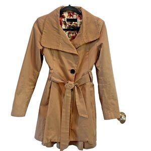 Steve Madden Trench Coat Women Petite Small Beige Pleated Belt Waist Rain Jacket